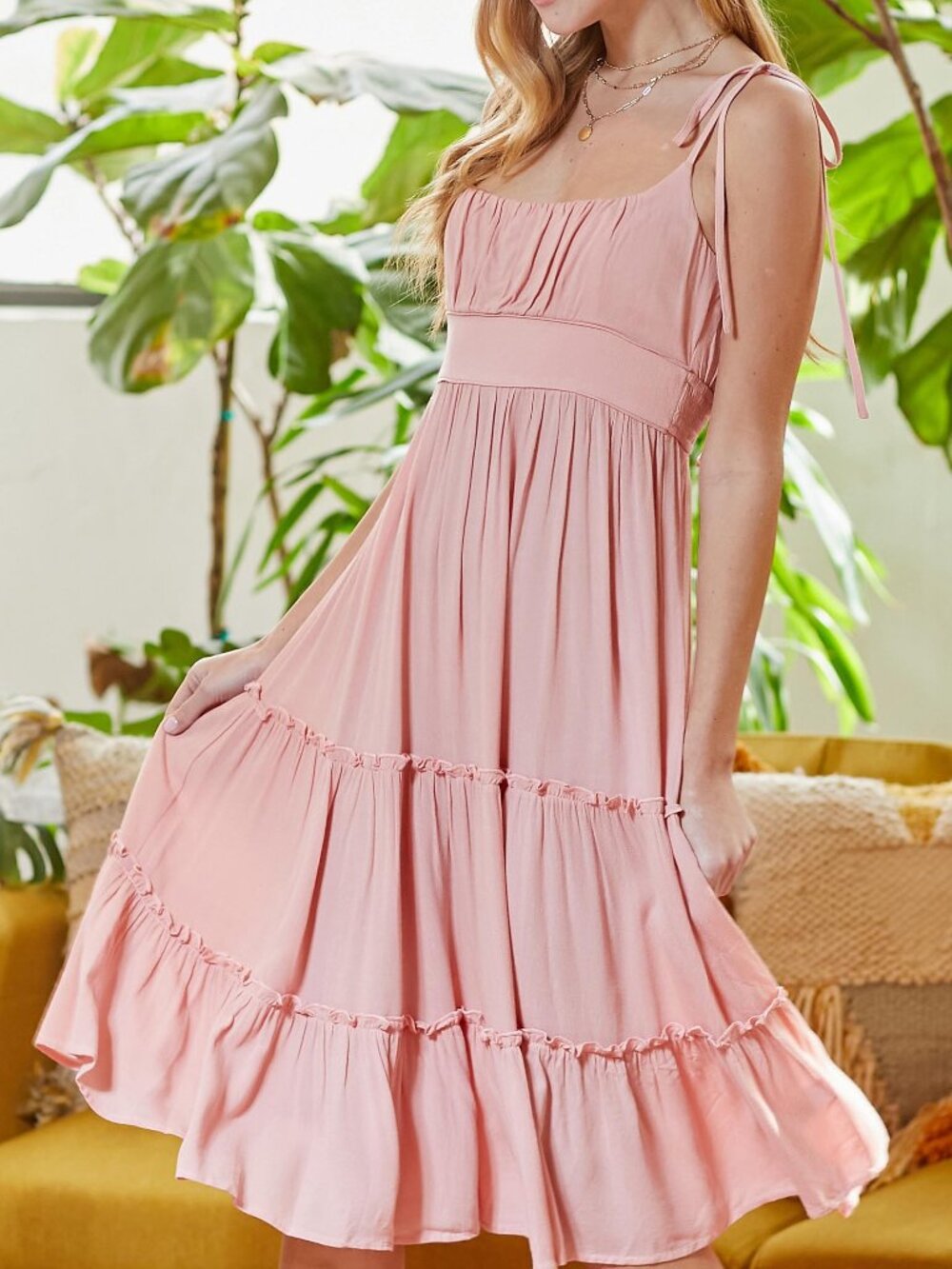 Pink Midi Tiered Dress With Tie Shoulder Straps‎